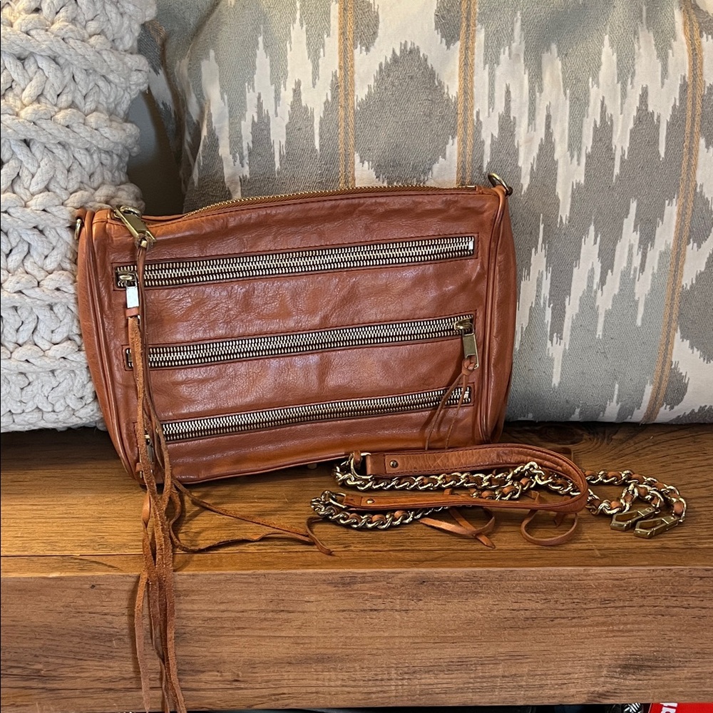 Rebecca Minkoff Tan Leather Clutch Crossbody Bag with Gold Detail ✨